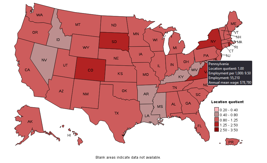 map of Pennsylvania with accountant employment rate 